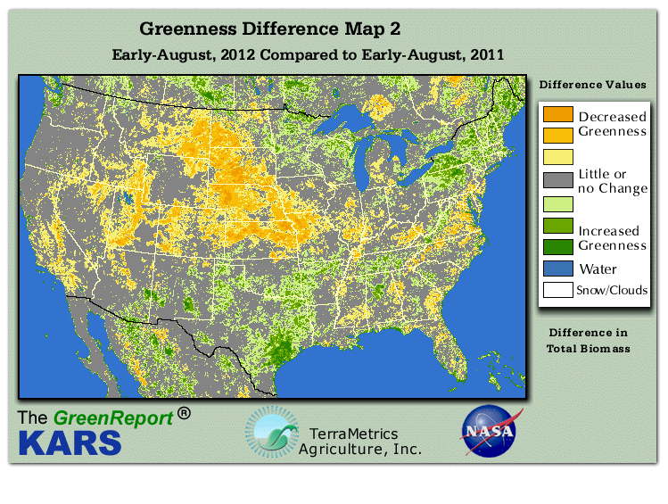 Color-coded U.S. vegetation greeness index map for Period 33 of 2012, illustrating spatial variations in plant vigor, with greener tones indicating higher biomass and browner tones indicating stressed vegetation,
              comparing current crop/vegetation change in biomass to same period from the previous year.