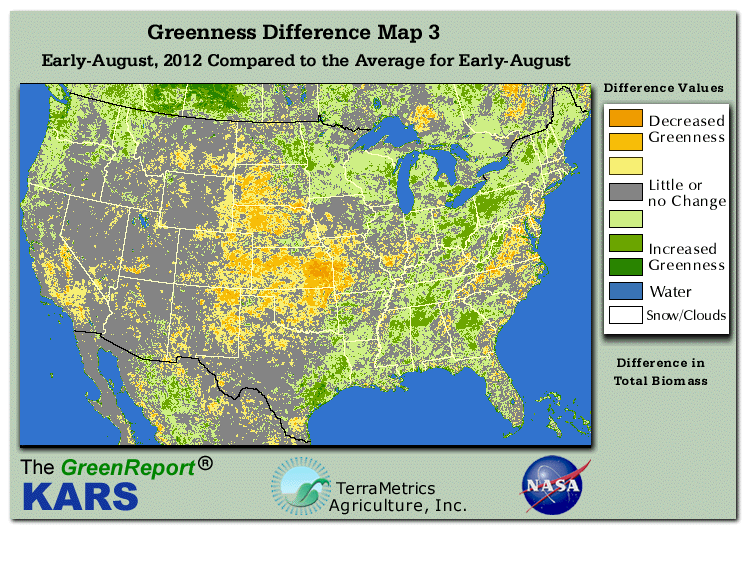Color-coded U.S. vegetation greeness index map for Period 33 of 2012, illustrating spatial variations in plant vigor, with greener tones indicating higher biomass and browner tones indicating stressed vegetation,
              comparing current crop/vegetation change in biomass to the 20-year greenness average.