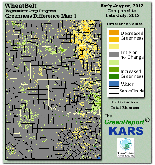 Color-coded Wheat Belt vegetation greeness index map for Period 33 of 2012, illustrating spatial variations in plant vigor, with greener tones indicating higher biomass and browner tones indicating stressed vegetation,
              comparing current crop/vegetation change in biomass to the previous week within the same year.