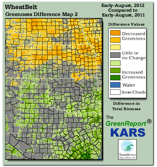 Color-coded Wheat Belt vegetation greeness index map for Period 33 of 2012, illustrating spatial variations in plant vigor, with greener tones indicating higher biomass and browner tones indicating stressed vegetation,
              comparing current crop/vegetation change in biomass to same period from the previous year.