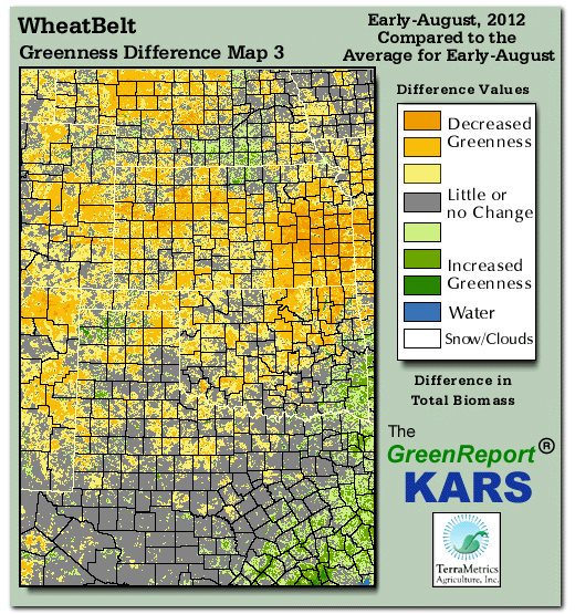 Color-coded Wheat Belt vegetation greeness index map for Period 33 of 2012, illustrating spatial variations in plant vigor, with greener tones indicating higher biomass and browner tones indicating stressed vegetation,
              comparing current crop/vegetation change in biomass to the 20-year greenness average.