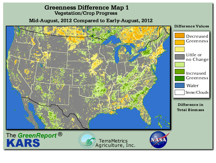 Color-coded U.S. vegetation greeness index map for Period 34 of 2012, illustrating spatial variations in plant vigor, with greener tones indicating higher biomass and browner tones indicating stressed vegetation,
              comparing current crop/vegetation change in biomass to the previous week within the same year.