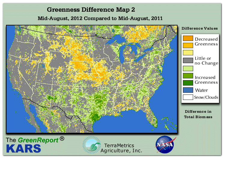 Color-coded U.S. vegetation greeness index map for Period 34 of 2012, illustrating spatial variations in plant vigor, with greener tones indicating higher biomass and browner tones indicating stressed vegetation,
              comparing current crop/vegetation change in biomass to same period from the previous year.