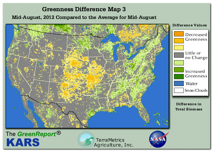 Color-coded U.S. vegetation greeness index map for Period 34 of 2012, illustrating spatial variations in plant vigor, with greener tones indicating higher biomass and browner tones indicating stressed vegetation,
              comparing current crop/vegetation change in biomass to the 20-year greenness average.