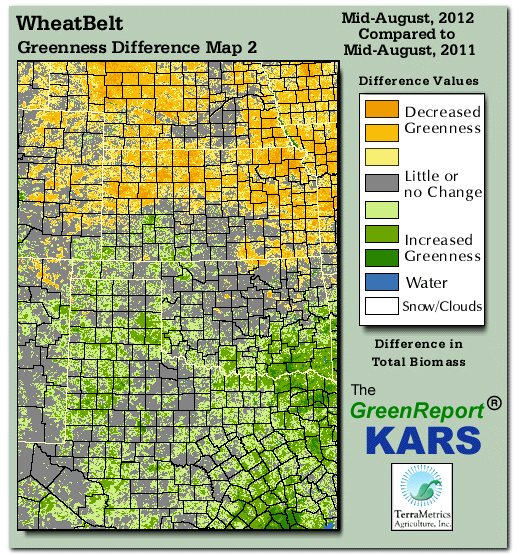 Color-coded Wheat Belt vegetation greeness index map for Period 34 of 2012, illustrating spatial variations in plant vigor, with greener tones indicating higher biomass and browner tones indicating stressed vegetation,
              comparing current crop/vegetation change in biomass to same period from the previous year.