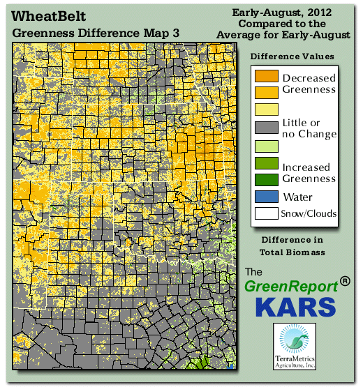 Color-coded Wheat Belt vegetation greeness index map for Period 34 of 2012, illustrating spatial variations in plant vigor, with greener tones indicating higher biomass and browner tones indicating stressed vegetation,
              comparing current crop/vegetation change in biomass to the 20-year greenness average.