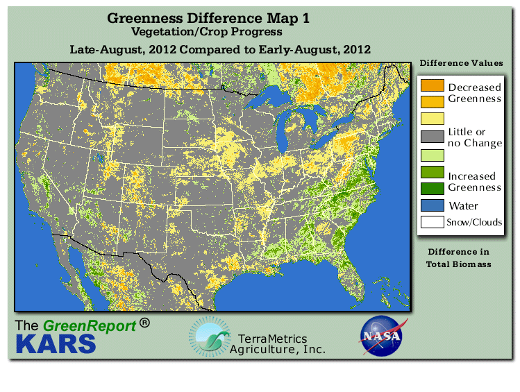 Color-coded U.S. vegetation greeness index map for Period 35 of 2012, illustrating spatial variations in plant vigor, with greener tones indicating higher biomass and browner tones indicating stressed vegetation,
              comparing current crop/vegetation change in biomass to the previous week within the same year.