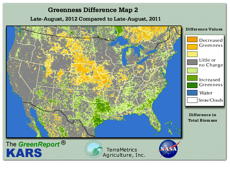 Color-coded U.S. vegetation greeness index map for Period 35 of 2012, illustrating spatial variations in plant vigor, with greener tones indicating higher biomass and browner tones indicating stressed vegetation,
              comparing current crop/vegetation change in biomass to same period from the previous year.