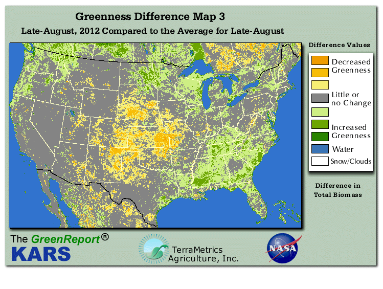 Color-coded U.S. vegetation greeness index map for Period 35 of 2012, illustrating spatial variations in plant vigor, with greener tones indicating higher biomass and browner tones indicating stressed vegetation,
              comparing current crop/vegetation change in biomass to the 20-year greenness average.