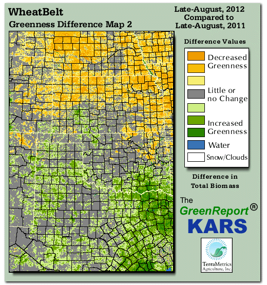 Color-coded Wheat Belt vegetation greeness index map for Period 35 of 2012, illustrating spatial variations in plant vigor, with greener tones indicating higher biomass and browner tones indicating stressed vegetation,
              comparing current crop/vegetation change in biomass to same period from the previous year.