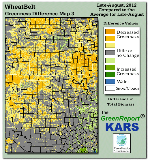 Color-coded Wheat Belt vegetation greeness index map for Period 35 of 2012, illustrating spatial variations in plant vigor, with greener tones indicating higher biomass and browner tones indicating stressed vegetation,
              comparing current crop/vegetation change in biomass to the 20-year greenness average.