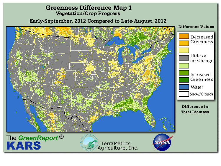 Color-coded U.S. vegetation greeness index map for Period 36 of 2012, illustrating spatial variations in plant vigor, with greener tones indicating higher biomass and browner tones indicating stressed vegetation,
              comparing current crop/vegetation change in biomass to the previous week within the same year.