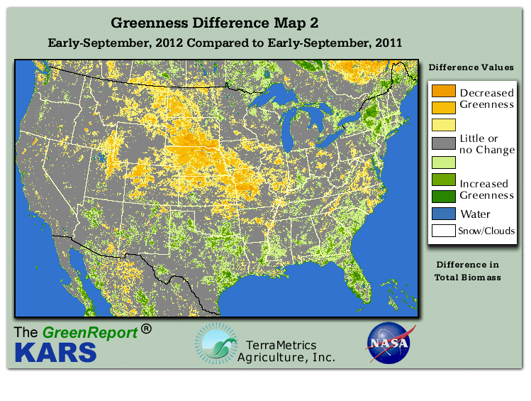Color-coded U.S. vegetation greeness index map for Period 36 of 2012, illustrating spatial variations in plant vigor, with greener tones indicating higher biomass and browner tones indicating stressed vegetation,
              comparing current crop/vegetation change in biomass to same period from the previous year.