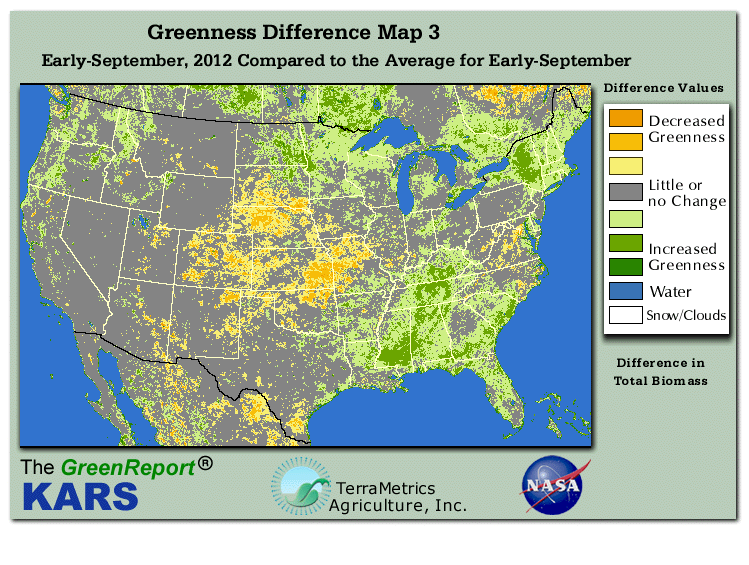 Color-coded U.S. vegetation greeness index map for Period 36 of 2012, illustrating spatial variations in plant vigor, with greener tones indicating higher biomass and browner tones indicating stressed vegetation,
              comparing current crop/vegetation change in biomass to the 20-year greenness average.