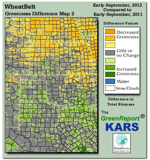Color-coded Wheat Belt vegetation greeness index map for Period 36 of 2012, illustrating spatial variations in plant vigor, with greener tones indicating higher biomass and browner tones indicating stressed vegetation,
              comparing current crop/vegetation change in biomass to same period from the previous year.