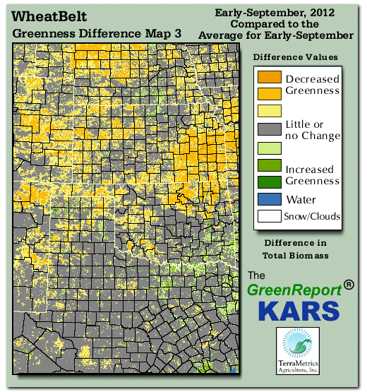 Color-coded Wheat Belt vegetation greeness index map for Period 36 of 2012, illustrating spatial variations in plant vigor, with greener tones indicating higher biomass and browner tones indicating stressed vegetation,
              comparing current crop/vegetation change in biomass to the 20-year greenness average.