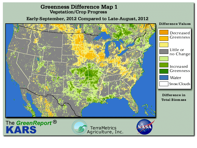 Color-coded U.S. vegetation greeness index map for Period 37 of 2012, illustrating spatial variations in plant vigor, with greener tones indicating higher biomass and browner tones indicating stressed vegetation,
              comparing current crop/vegetation change in biomass to the previous week within the same year.