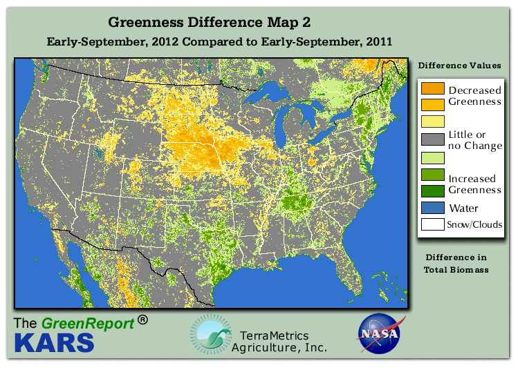 Color-coded U.S. vegetation greeness index map for Period 37 of 2012, illustrating spatial variations in plant vigor, with greener tones indicating higher biomass and browner tones indicating stressed vegetation,
              comparing current crop/vegetation change in biomass to same period from the previous year.