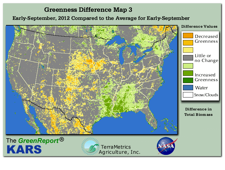 Color-coded U.S. vegetation greeness index map for Period 37 of 2012, illustrating spatial variations in plant vigor, with greener tones indicating higher biomass and browner tones indicating stressed vegetation,
              comparing current crop/vegetation change in biomass to the 20-year greenness average.