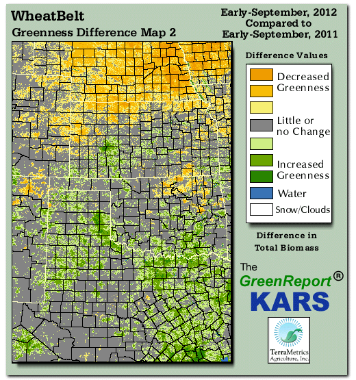 Color-coded Wheat Belt vegetation greeness index map for Period 37 of 2012, illustrating spatial variations in plant vigor, with greener tones indicating higher biomass and browner tones indicating stressed vegetation,
              comparing current crop/vegetation change in biomass to same period from the previous year.