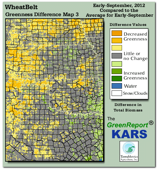 Color-coded Wheat Belt vegetation greeness index map for Period 37 of 2012, illustrating spatial variations in plant vigor, with greener tones indicating higher biomass and browner tones indicating stressed vegetation,
              comparing current crop/vegetation change in biomass to the 20-year greenness average.