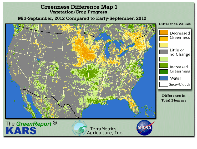 Color-coded U.S. vegetation greeness index map for Period 38 of 2012, illustrating spatial variations in plant vigor, with greener tones indicating higher biomass and browner tones indicating stressed vegetation,
              comparing current crop/vegetation change in biomass to the previous week within the same year.