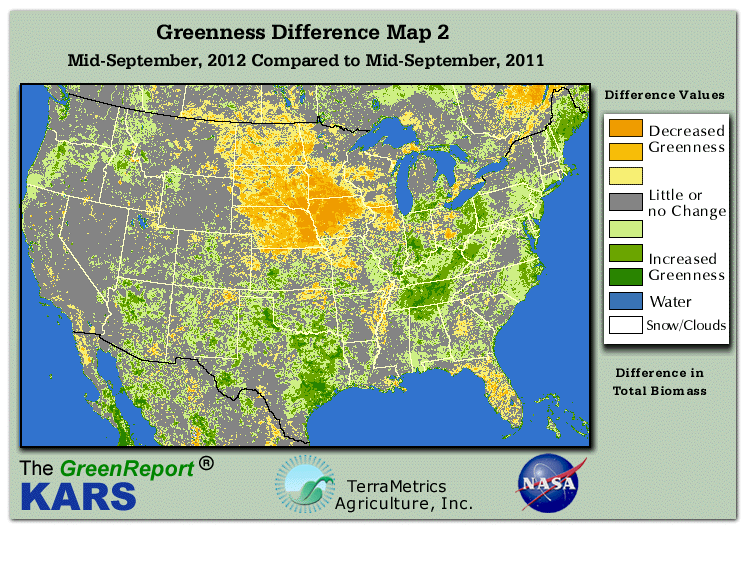 Color-coded U.S. vegetation greeness index map for Period 38 of 2012, illustrating spatial variations in plant vigor, with greener tones indicating higher biomass and browner tones indicating stressed vegetation,
              comparing current crop/vegetation change in biomass to same period from the previous year.