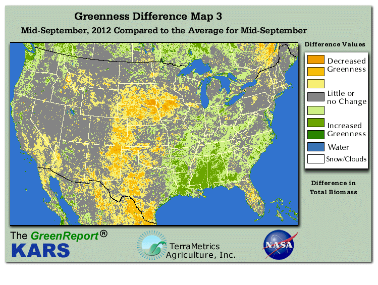 Color-coded U.S. vegetation greeness index map for Period 38 of 2012, illustrating spatial variations in plant vigor, with greener tones indicating higher biomass and browner tones indicating stressed vegetation,
              comparing current crop/vegetation change in biomass to the 20-year greenness average.