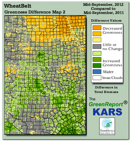Color-coded Wheat Belt vegetation greeness index map for Period 38 of 2012, illustrating spatial variations in plant vigor, with greener tones indicating higher biomass and browner tones indicating stressed vegetation,
              comparing current crop/vegetation change in biomass to same period from the previous year.