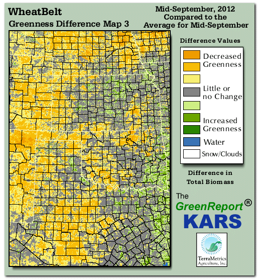 Color-coded Wheat Belt vegetation greeness index map for Period 38 of 2012, illustrating spatial variations in plant vigor, with greener tones indicating higher biomass and browner tones indicating stressed vegetation,
              comparing current crop/vegetation change in biomass to the 20-year greenness average.