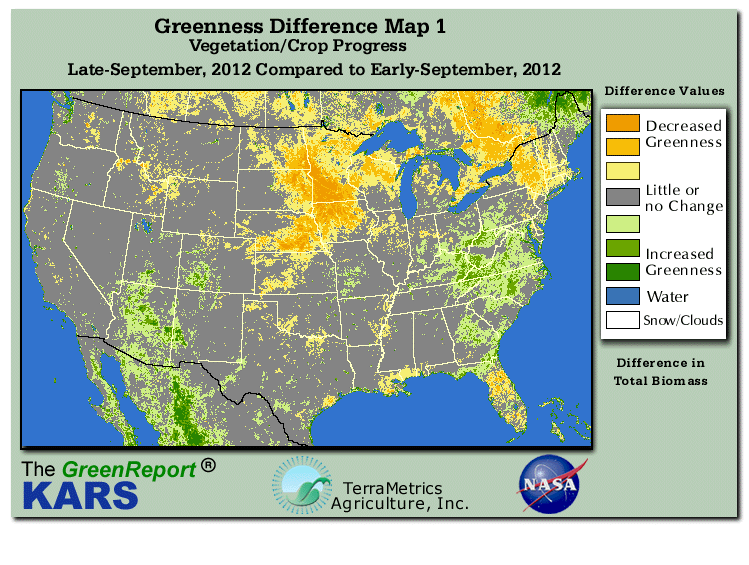 Color-coded U.S. vegetation greeness index map for Period 39 of 2012, illustrating spatial variations in plant vigor, with greener tones indicating higher biomass and browner tones indicating stressed vegetation,
              comparing current crop/vegetation change in biomass to the previous week within the same year.