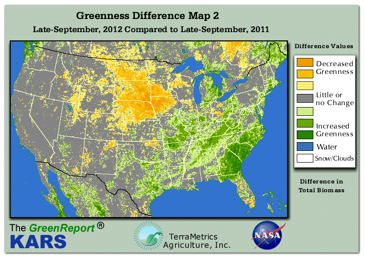 Color-coded U.S. vegetation greeness index map for Period 39 of 2012, illustrating spatial variations in plant vigor, with greener tones indicating higher biomass and browner tones indicating stressed vegetation,
              comparing current crop/vegetation change in biomass to same period from the previous year.