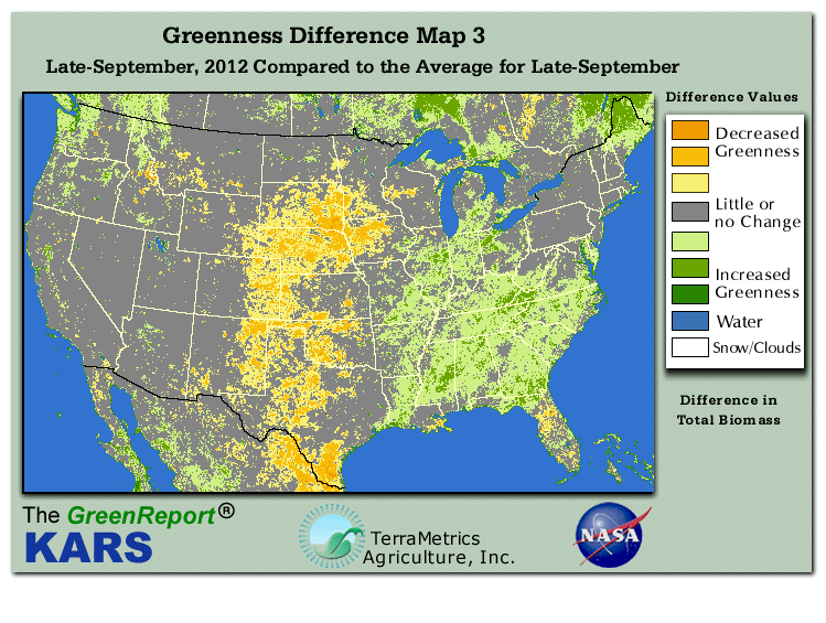 Color-coded U.S. vegetation greeness index map for Period 39 of 2012, illustrating spatial variations in plant vigor, with greener tones indicating higher biomass and browner tones indicating stressed vegetation,
              comparing current crop/vegetation change in biomass to the 20-year greenness average.
