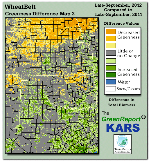 Color-coded Wheat Belt vegetation greeness index map for Period 39 of 2012, illustrating spatial variations in plant vigor, with greener tones indicating higher biomass and browner tones indicating stressed vegetation,
              comparing current crop/vegetation change in biomass to same period from the previous year.
