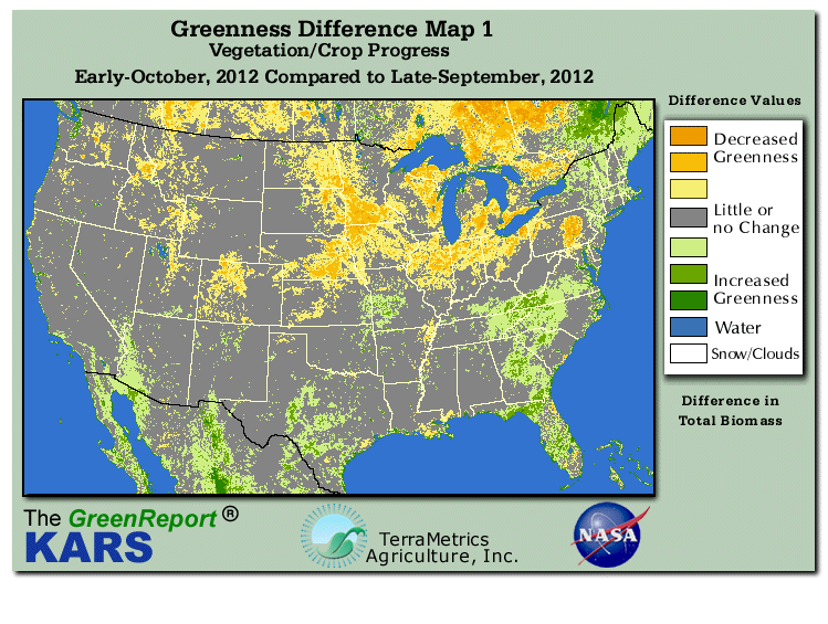 Color-coded U.S. vegetation greeness index map for Period 40 of 2012, illustrating spatial variations in plant vigor, with greener tones indicating higher biomass and browner tones indicating stressed vegetation,
              comparing current crop/vegetation change in biomass to the previous week within the same year.