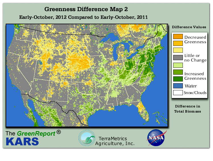 Color-coded U.S. vegetation greeness index map for Period 40 of 2012, illustrating spatial variations in plant vigor, with greener tones indicating higher biomass and browner tones indicating stressed vegetation,
              comparing current crop/vegetation change in biomass to same period from the previous year.
