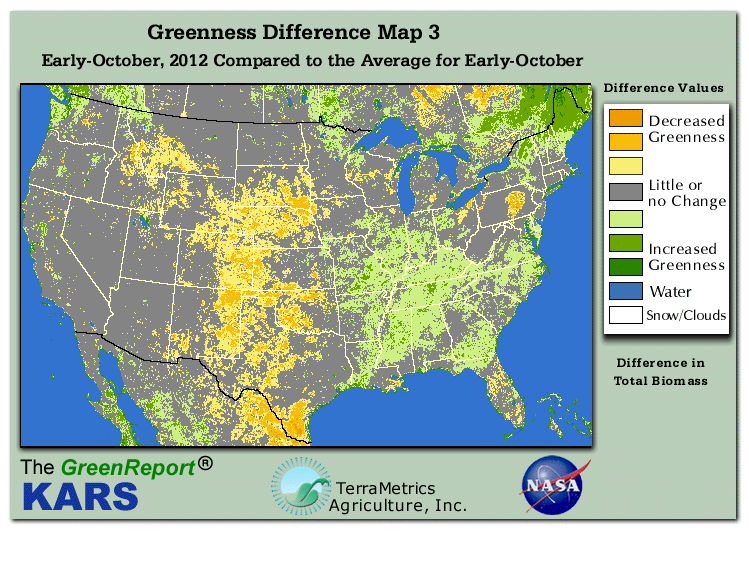 Color-coded U.S. vegetation greeness index map for Period 40 of 2012, illustrating spatial variations in plant vigor, with greener tones indicating higher biomass and browner tones indicating stressed vegetation,
              comparing current crop/vegetation change in biomass to the 20-year greenness average.