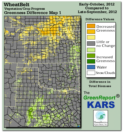 Color-coded Wheat Belt vegetation greeness index map for Period 40 of 2012, illustrating spatial variations in plant vigor, with greener tones indicating higher biomass and browner tones indicating stressed vegetation,
              comparing current crop/vegetation change in biomass to the previous week within the same year.