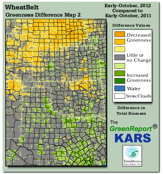 Color-coded Wheat Belt vegetation greeness index map for Period 40 of 2012, illustrating spatial variations in plant vigor, with greener tones indicating higher biomass and browner tones indicating stressed vegetation,
              comparing current crop/vegetation change in biomass to same period from the previous year.
