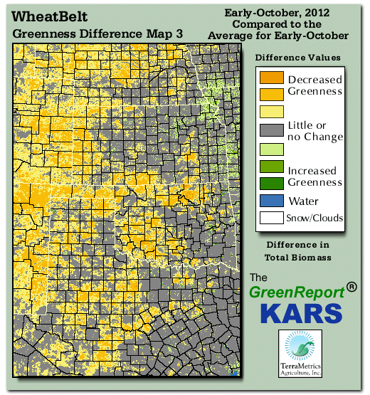 Color-coded Wheat Belt vegetation greeness index map for Period 40 of 2012, illustrating spatial variations in plant vigor, with greener tones indicating higher biomass and browner tones indicating stressed vegetation,
              comparing current crop/vegetation change in biomass to the 20-year greenness average.