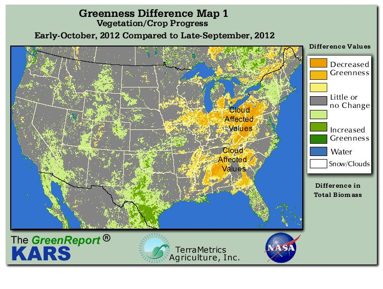 Color-coded U.S. vegetation greeness index map for Period 41 of 2012, illustrating spatial variations in plant vigor, with greener tones indicating higher biomass and browner tones indicating stressed vegetation,
              comparing current crop/vegetation change in biomass to the previous week within the same year.