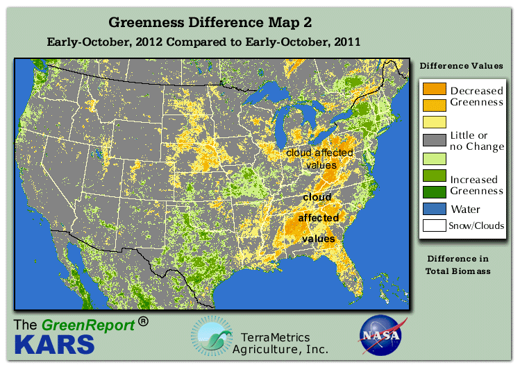 Color-coded U.S. vegetation greeness index map for Period 41 of 2012, illustrating spatial variations in plant vigor, with greener tones indicating higher biomass and browner tones indicating stressed vegetation,
              comparing current crop/vegetation change in biomass to same period from the previous year.