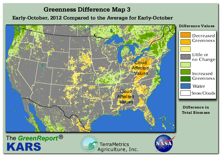 Color-coded U.S. vegetation greeness index map for Period 41 of 2012, illustrating spatial variations in plant vigor, with greener tones indicating higher biomass and browner tones indicating stressed vegetation,
              comparing current crop/vegetation change in biomass to the 20-year greenness average.