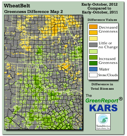 Color-coded Wheat Belt vegetation greeness index map for Period 41 of 2012, illustrating spatial variations in plant vigor, with greener tones indicating higher biomass and browner tones indicating stressed vegetation,
              comparing current crop/vegetation change in biomass to same period from the previous year.
