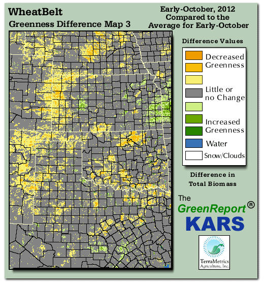 Color-coded Wheat Belt vegetation greeness index map for Period 41 of 2012, illustrating spatial variations in plant vigor, with greener tones indicating higher biomass and browner tones indicating stressed vegetation,
              comparing current crop/vegetation change in biomass to the 20-year greenness average.