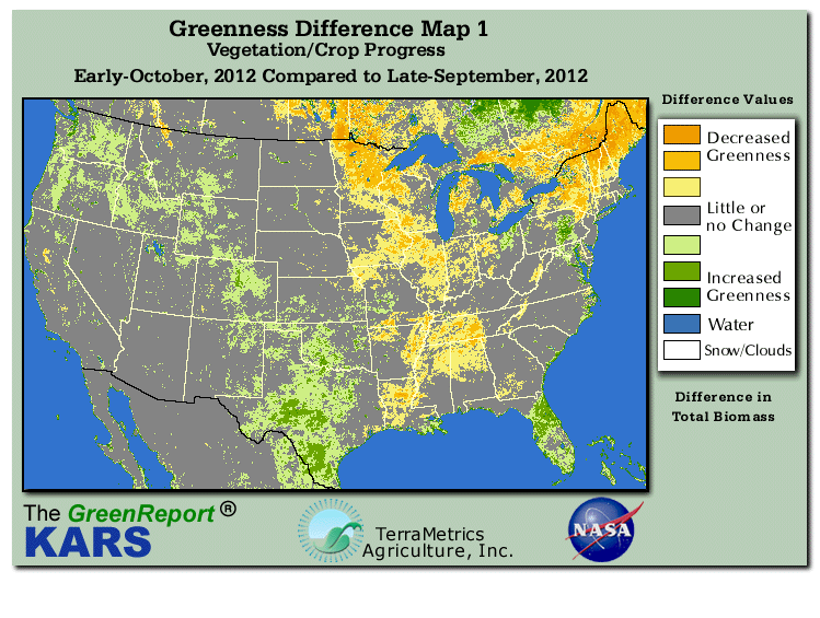 Color-coded U.S. vegetation greeness index map for Period 42 of 2012, illustrating spatial variations in plant vigor, with greener tones indicating higher biomass and browner tones indicating stressed vegetation,
              comparing current crop/vegetation change in biomass to the previous week within the same year.