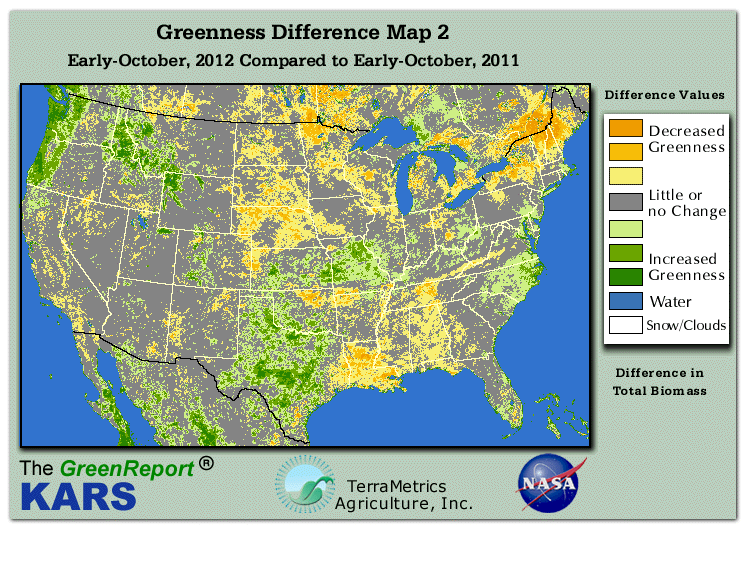 Color-coded U.S. vegetation greeness index map for Period 42 of 2012, illustrating spatial variations in plant vigor, with greener tones indicating higher biomass and browner tones indicating stressed vegetation,
              comparing current crop/vegetation change in biomass to same period from the previous year.