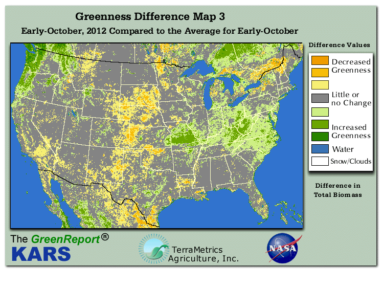 Color-coded U.S. vegetation greeness index map for Period 42 of 2012, illustrating spatial variations in plant vigor, with greener tones indicating higher biomass and browner tones indicating stressed vegetation,
              comparing current crop/vegetation change in biomass to the 20-year greenness average.