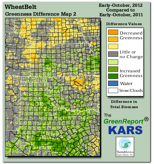 Color-coded Wheat Belt vegetation greeness index map for Period 42 of 2012, illustrating spatial variations in plant vigor, with greener tones indicating higher biomass and browner tones indicating stressed vegetation,
              comparing current crop/vegetation change in biomass to same period from the previous year.