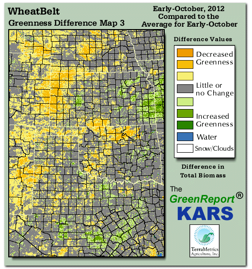 Color-coded Wheat Belt vegetation greeness index map for Period 42 of 2012, illustrating spatial variations in plant vigor, with greener tones indicating higher biomass and browner tones indicating stressed vegetation,
              comparing current crop/vegetation change in biomass to the 20-year greenness average.